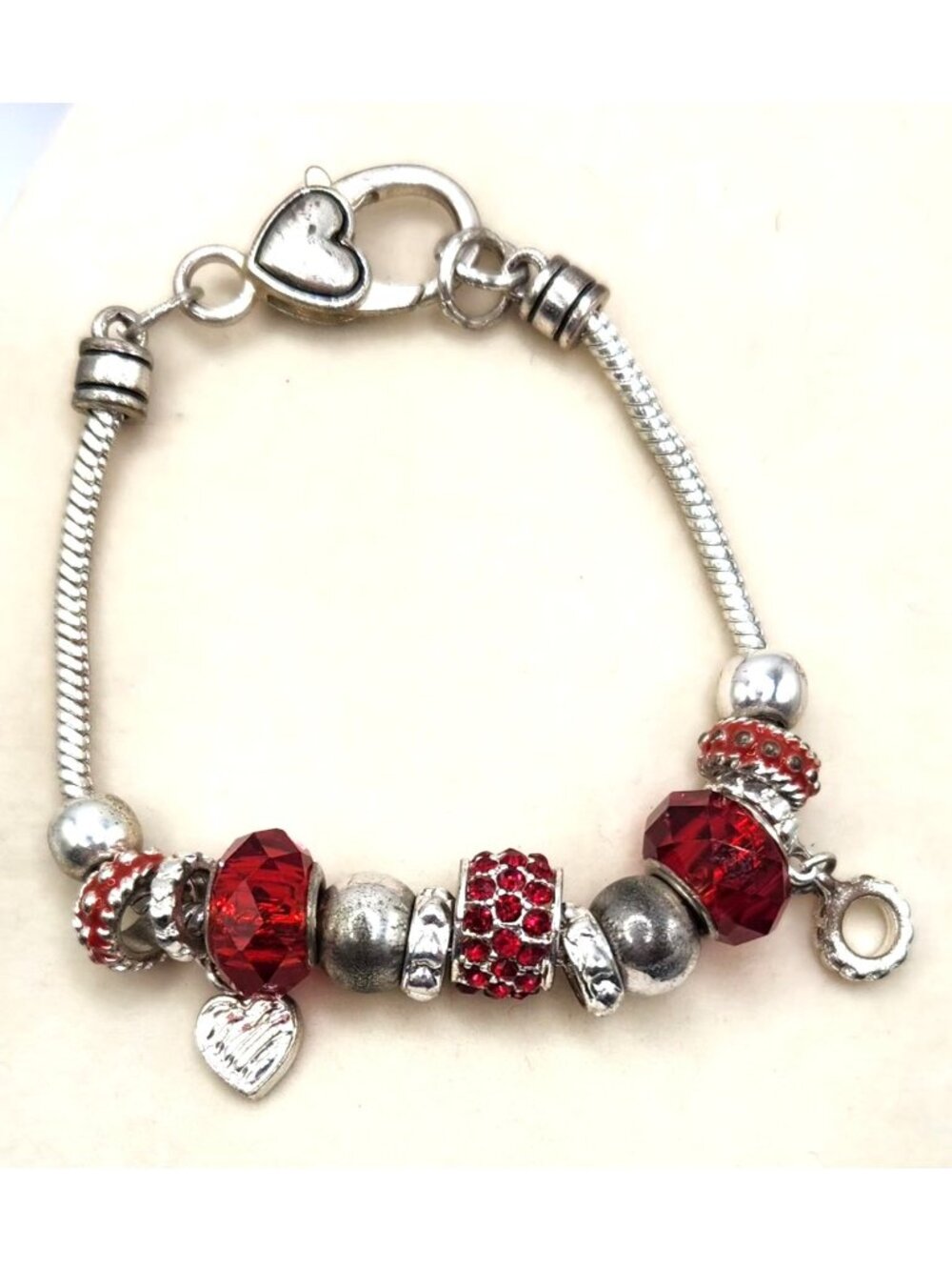 Silver Red Crystal Heart Charm Bracelet